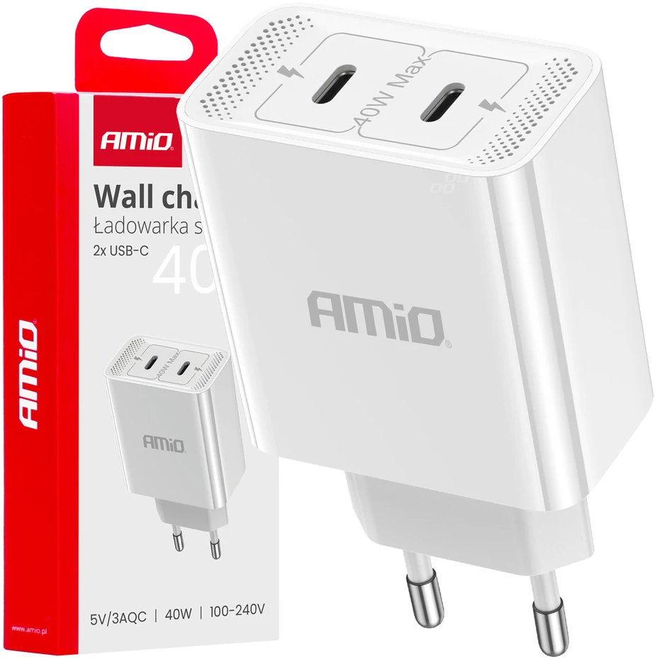 Sieninis įkroviklis 2xUSB-C 40W 230V AMIO-03892