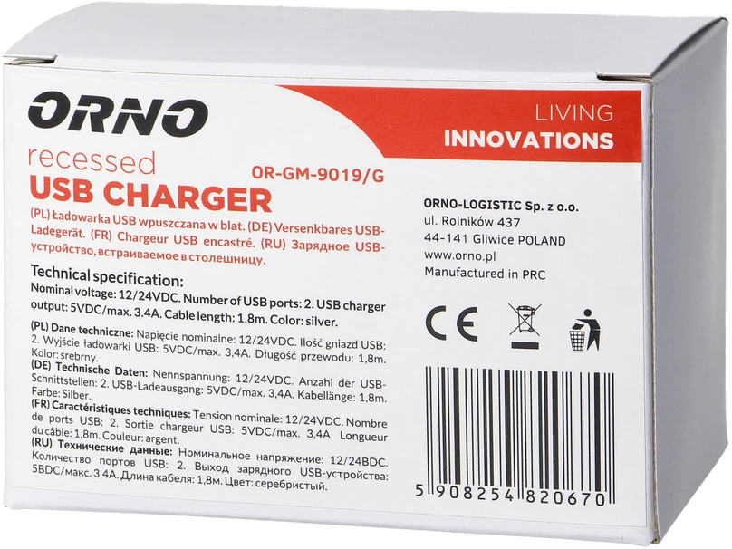 Orno Įkroviklis 2XUSB 3.4A įkroviklis, įleidžiamas, sidabrinis