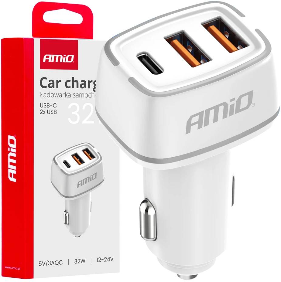Automobilinis įkroviklis 2x USB-A + USB-C 32W 12/24V AMiO-03890