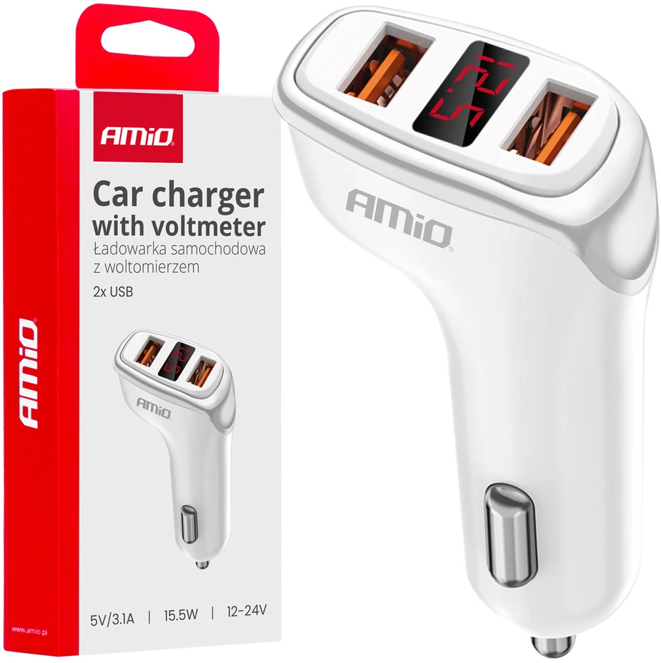 Automobilinis įkroviklis 2x USB-A + battery check 3.1A 12/24V AMiO-03887
