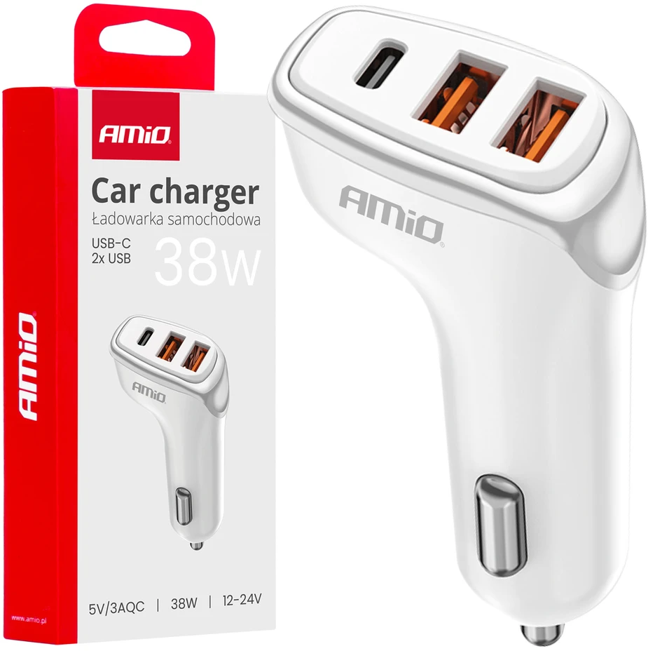 Automobilinis įkroviklis 2x USB-A + USB-C 38W 12/24V AMiO-03886
