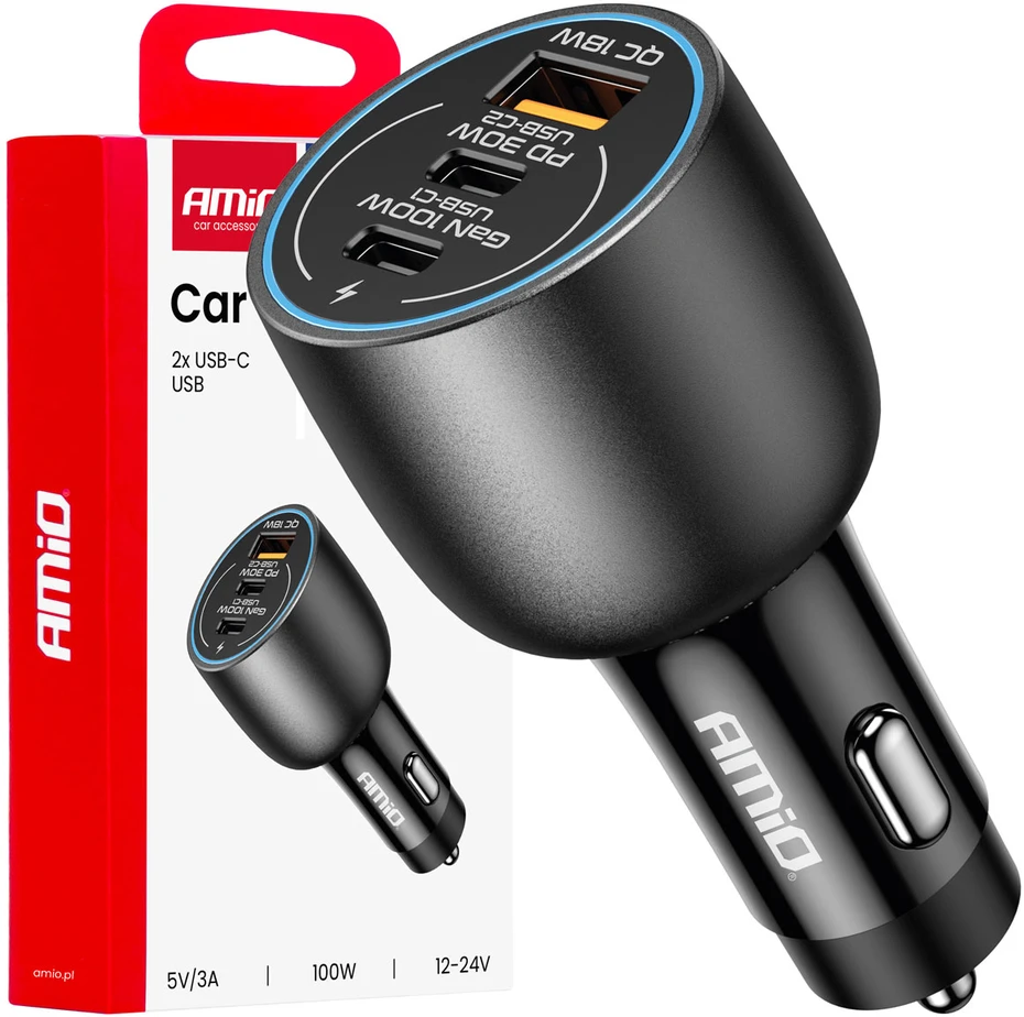 Automobilinis įkroviklis 2x USB-C + USB-A 12/24V 100W AMIO-04371