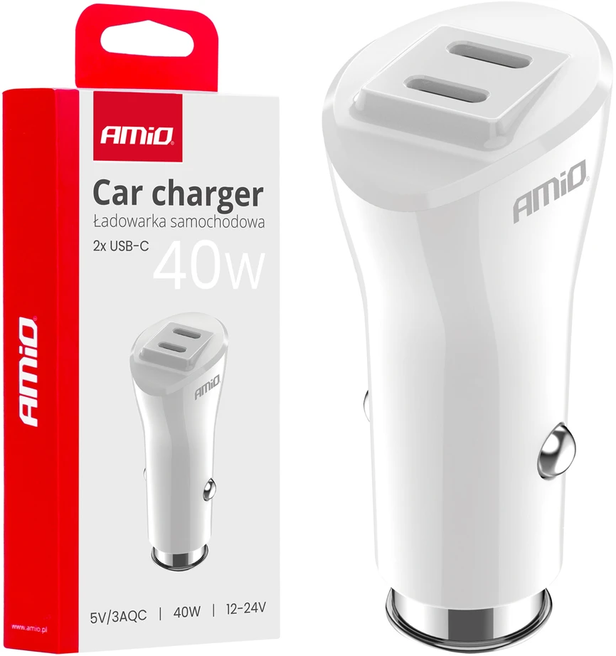Automobilinis įkroviklis 2x USB-C 40W 12/24V AMiO-03884