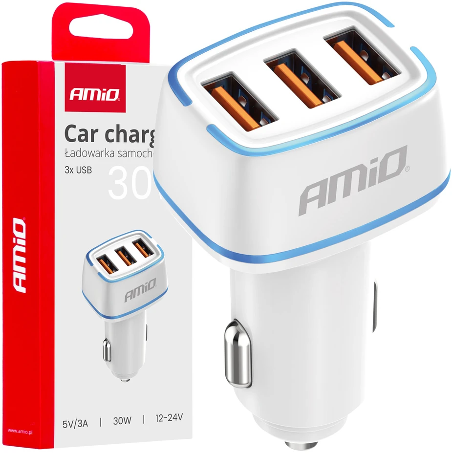 Automobilinis įkroviklis 3x USB-A 30W 12/24V AMiO-03889