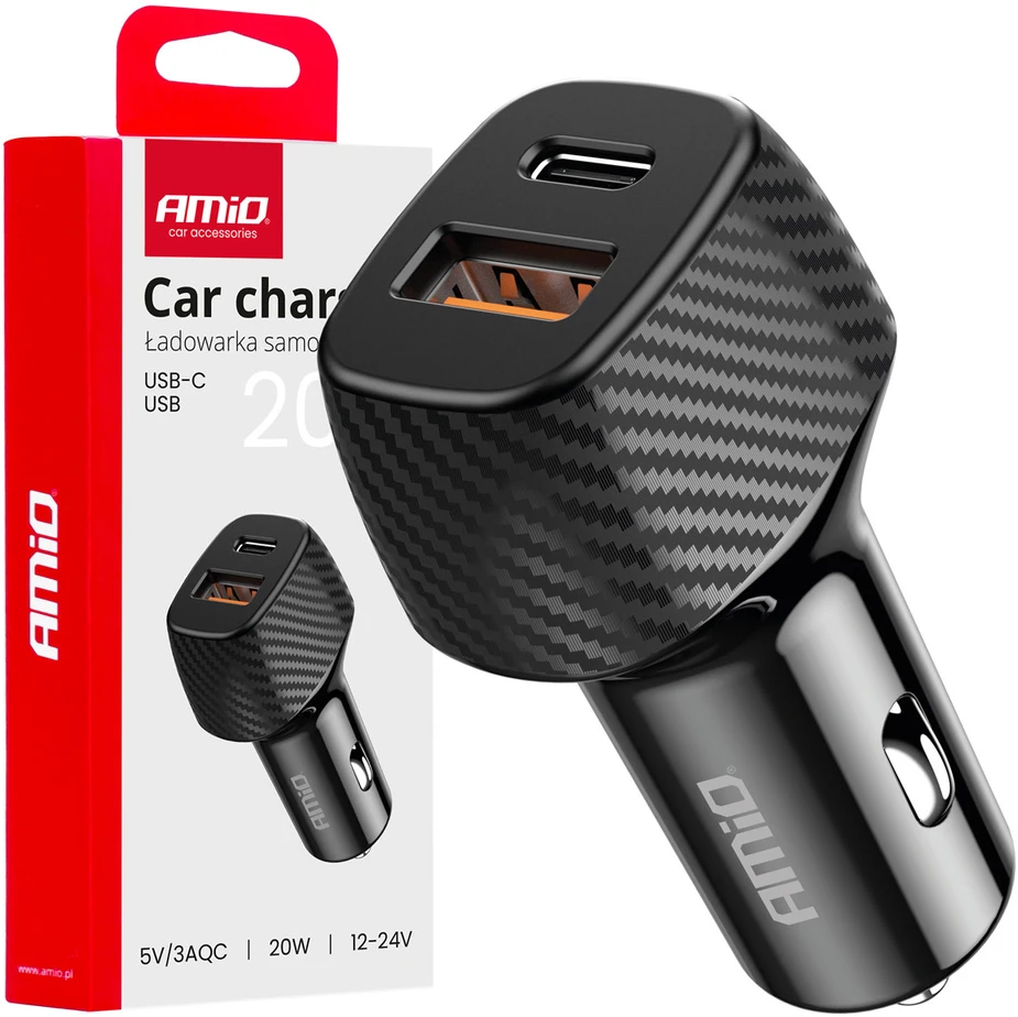 Automobilinis įkroviklis QC+PD 20W USB-A + USB-C AMIO-04282