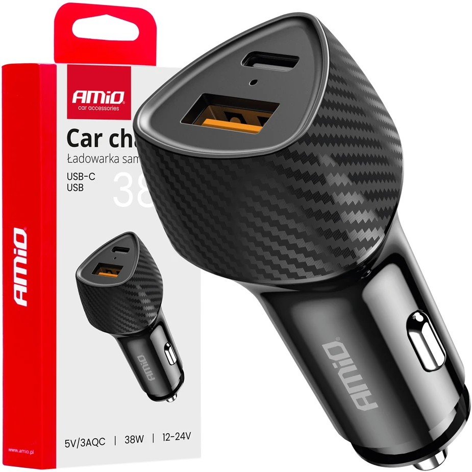 Automobilinis įkroviklis QC+PD 38W USB-A + USB-C AMIO-04283