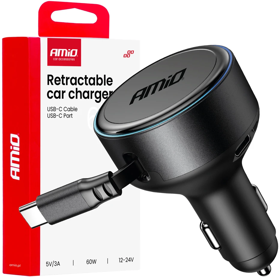 Automobilinis įkroviklis su ištraukiamu C kabeliu ir USB-C 12/24V 60W AMIO-04368