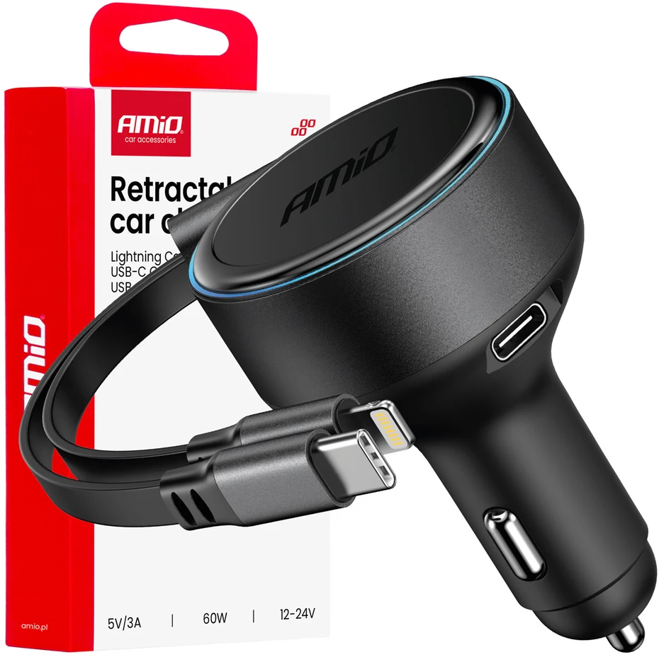 Automobilinis įkroviklis su ištraukiamu C kabeliu, Lightning ir USB-C 12/24V 60W AMIO-04370
