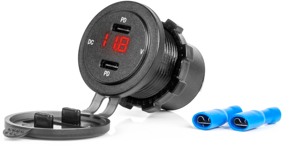 Vandeniui atsparus telefono įkroviklis su skaitmeniniu voltmetru ir raudonu LED indikatoriumi, 2xUSB-C 12/24V AMIO-04225