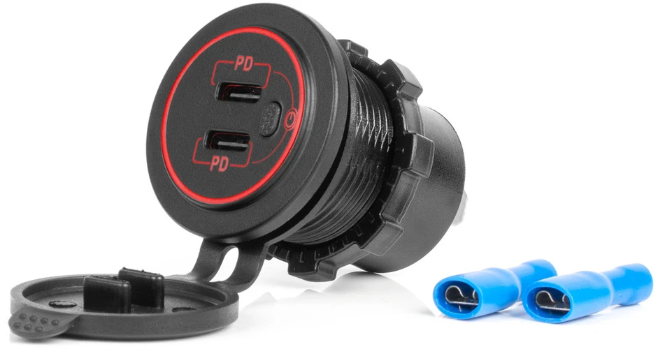 Vandeniui atsparus telefono įkroviklis su jungikliu ir raudonu LED pašvietimu, 2xUSB-C 12/24V AMIO-04224