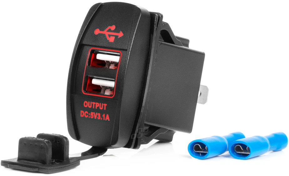 Vandeniui atsparus telefono įkroviklis su raudonu LED apšvietimu, 2xUSB 12/24V AMIO-04228