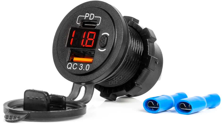 Vandeniui atsparus telefono įkroviklis su skaitmeniniu voltmetru ir raudonu LED indikatoriumi, USB + USB-C QC3.0 12/24V AMIO-04222