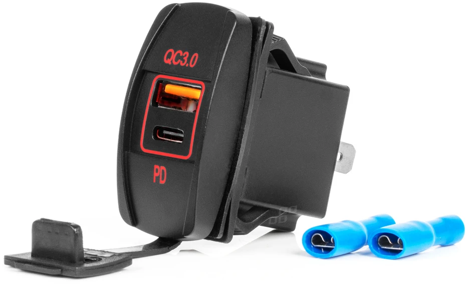 Vandeniui atsparus telefono įkroviklis su raudonu LED apšvietimu, USB + USB C QC3.0 12/24V AMIO-04229
