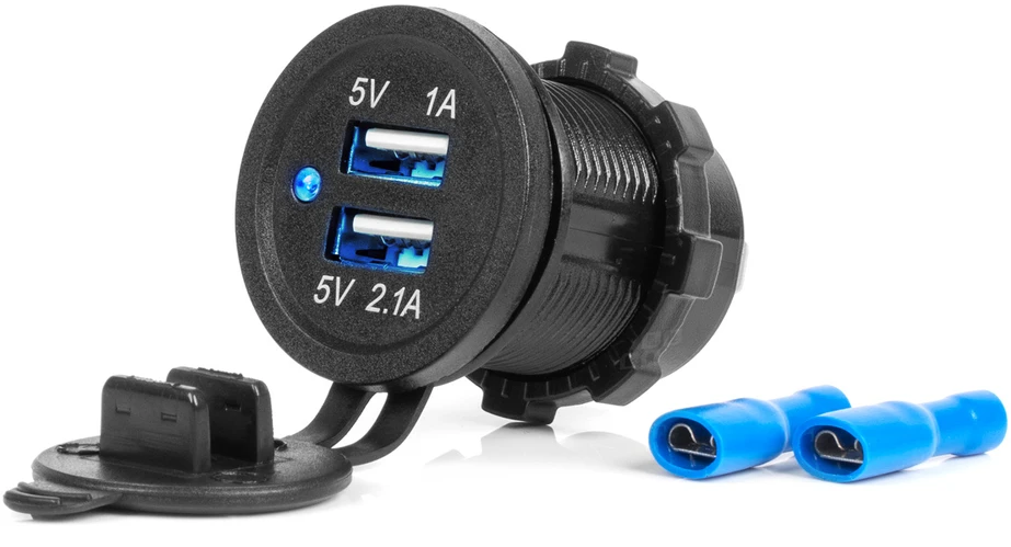 Vandeniui atsparus telefono įkroviklis su mėlynu LED indikatoriumi 3.1A, 2xUSB 12/24V AMIO-04216