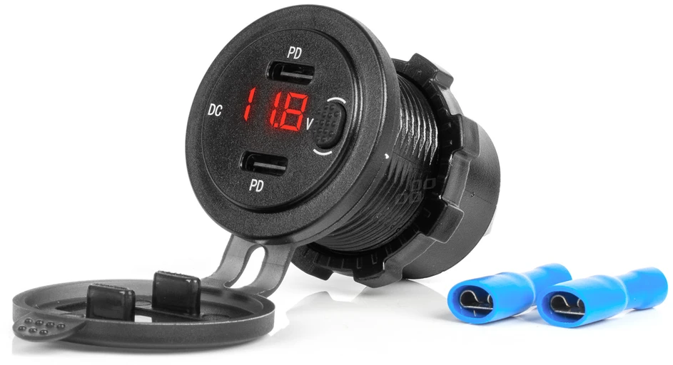 Vandeniui atsparus telefono įkroviklis su jungikliu ir skaitmeniniu voltmetru, 2x USB-C 12/24V AMIO-04226