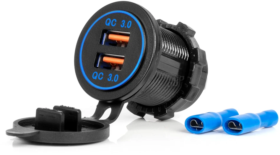 Vandeniui atsparus telefono įkroviklis su mėlynu LED apšvietimu, 2xUSB QC3.0 12/24V AMIO-04218