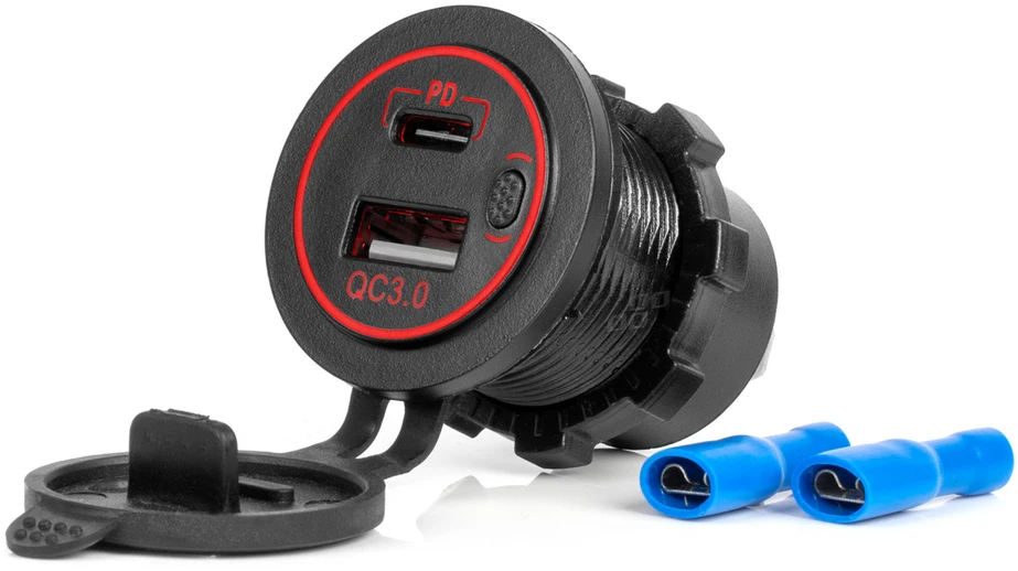 Vandeniui atsparus telefono įkroviklis su raudonu LED apšvietimu, 2xUSB QC3.0 12/24V AMIO-04221