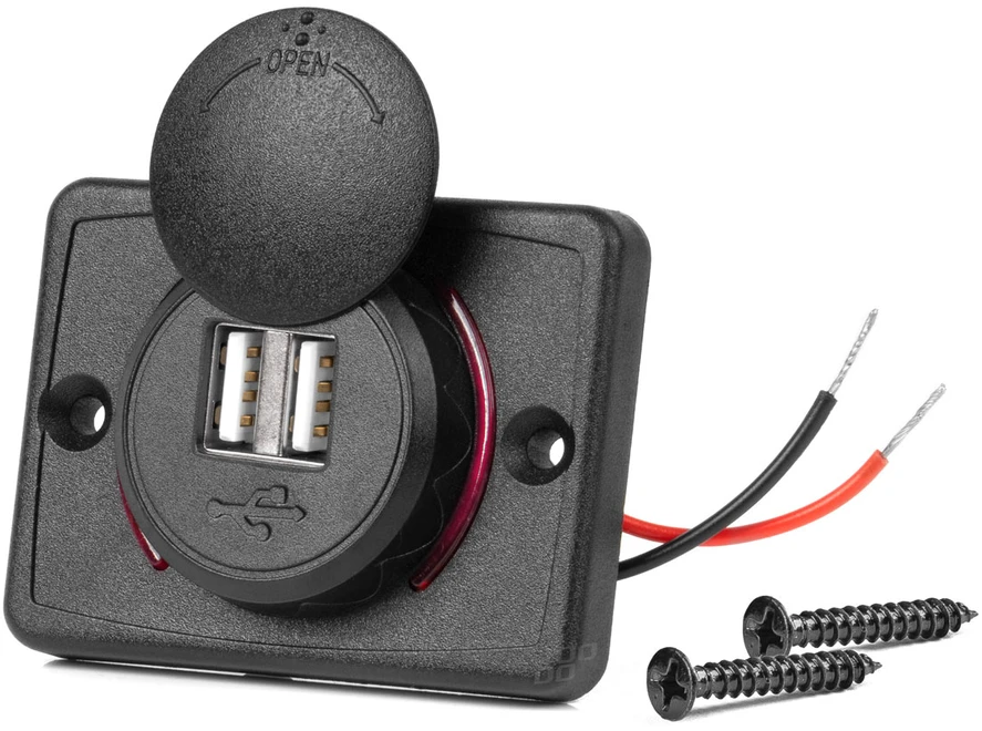 Kvadratinis atsparus vandeniui telefono įkroviklis su raudonu LED apšvietimu, 2xUSB 12/24V AMIO-04230