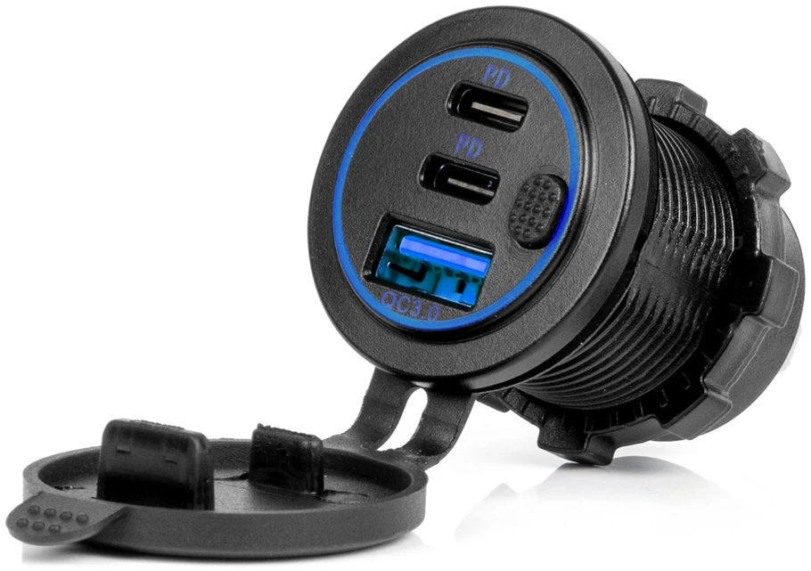 Vandeniui atsparus telefono įkroviklis su jungikliu ir mėlynu LED apšvietimu, USB + 2xUSB C QC3.0 12/24V AMIO-04596