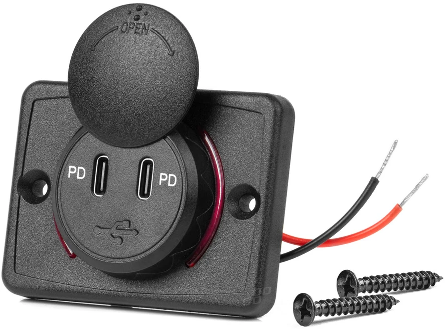 Kvadratinis atsparus vandeniui telefono įkroviklis su raudonu LED apšvietimu, 2x USB-C, 12/24V – AMIO-04232