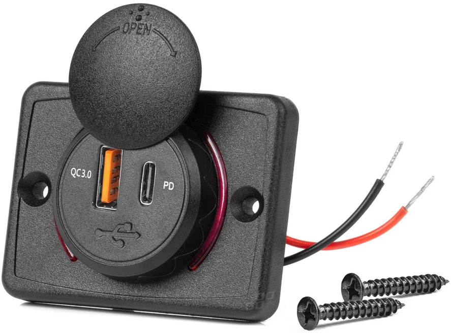 Amio Kvadratinis atsparus vandeniui telefono įkroviklis su raudonu LED apšvietimu, USB + USB C QC3.0 12/24V