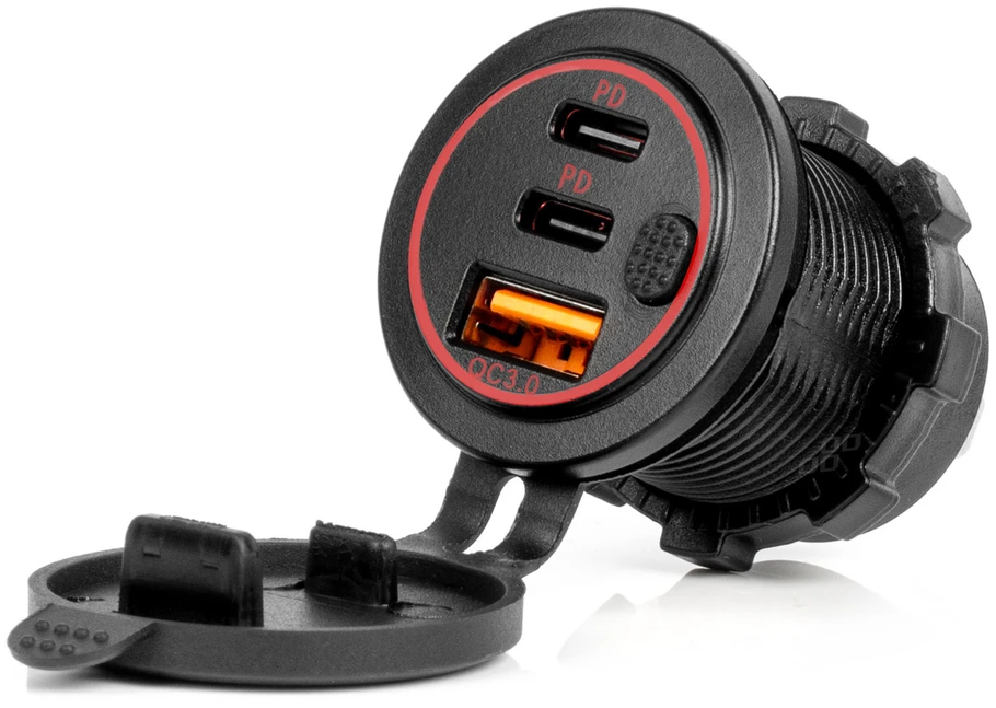 Vandeniui atsparus telefono įkroviklis su raudonu LED apšvietimu, USB + 2xUSB C QC3.0 12/24V AMIO-04227
