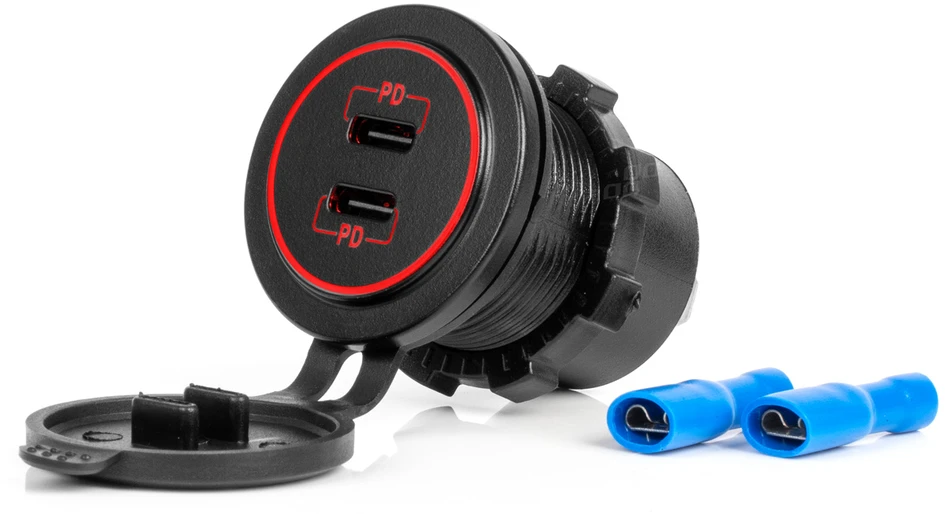 Vandeniui atsparus telefono įkroviklis su raudonu LED apšvietimu, 2xUSB-C 12/24V AMIO-04223