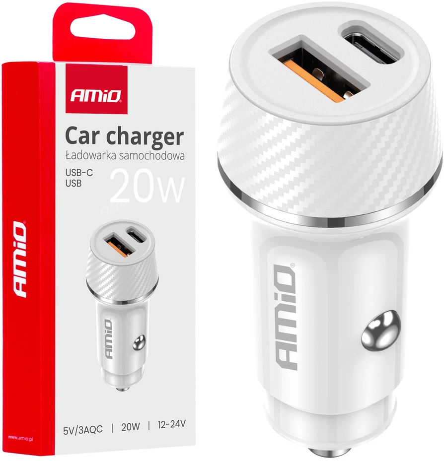 Automobilinis įkroviklis USB-A + USB-C 20W 12/24V AMiO-03878