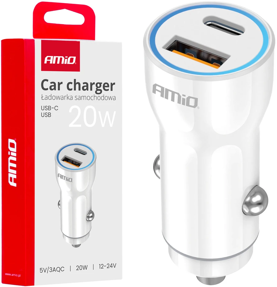 Automobilinis įkroviklis USB-A + USB-C 20W 12/24V AMiO-03881