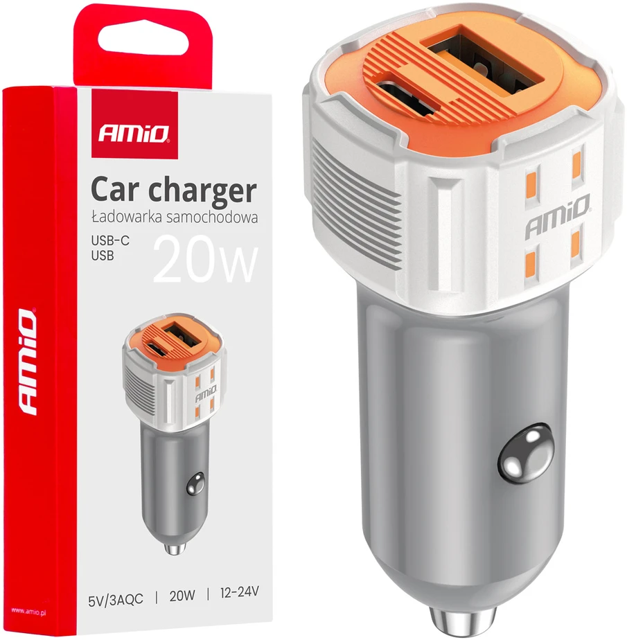 Automobilinis įkroviklis USB-A + USB-C 20W 12/24V AMiO-03882