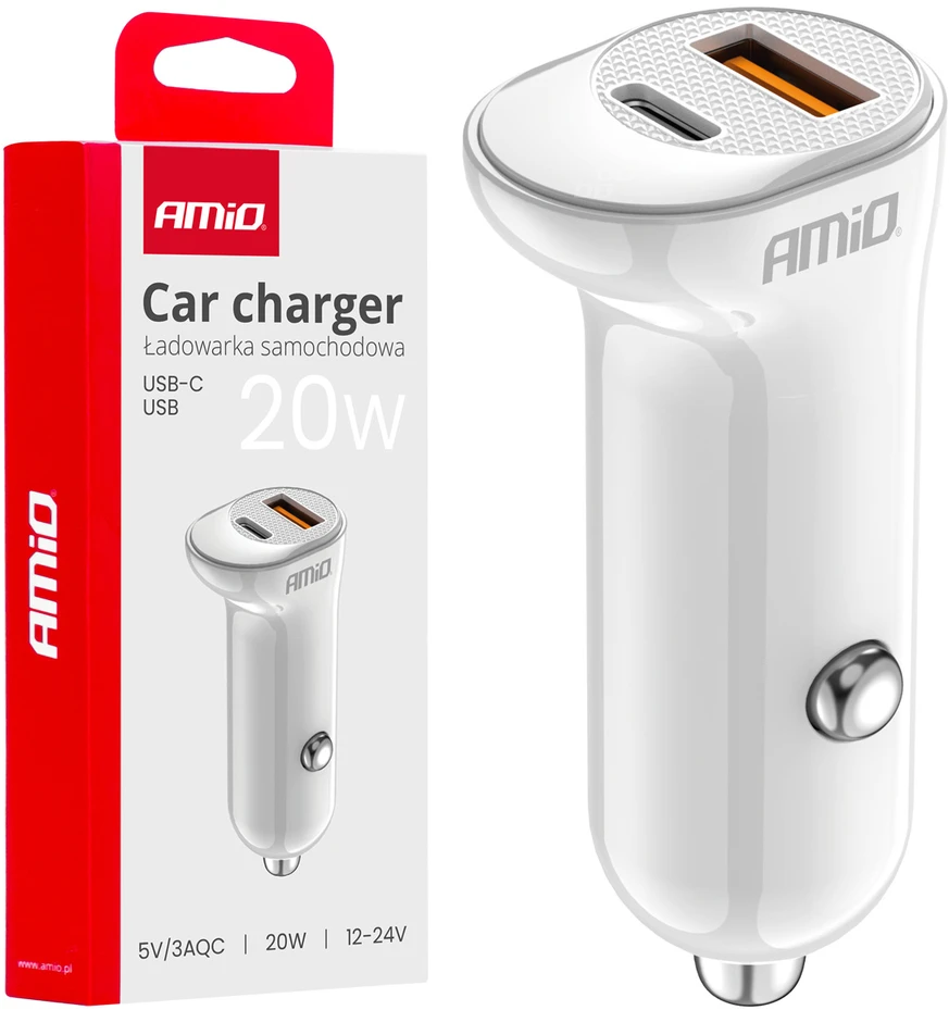 Automobilinis įkroviklis USB-A+ USB-C 20W 12/24V AMiO-03875