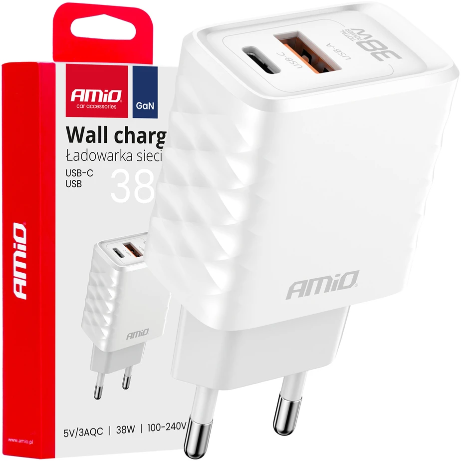 Sieninis įkroviklis Quick Charge GaN 38W USB-A + USB-C AMIO-04287