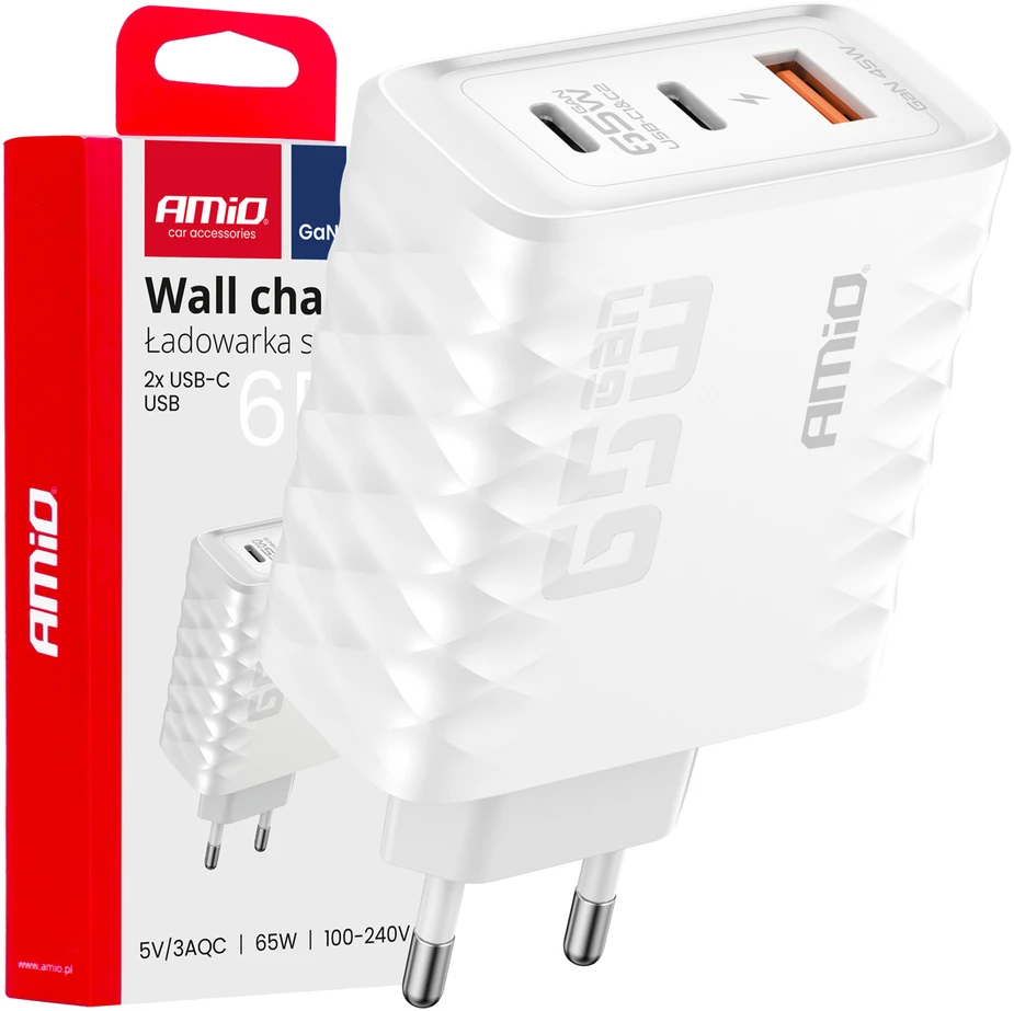 Sieninis įkroviklis 65W Quick Charge USB-A + 2x USB-C AMIO-04289