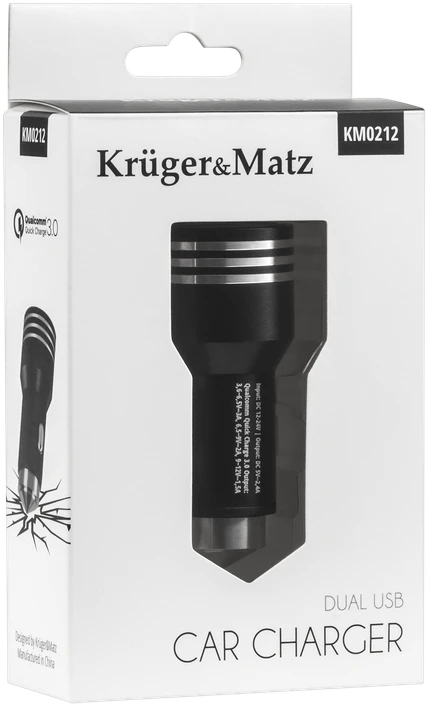 Kruger & Matz 2xUSB 4800mA automobilinis įkroviklis su Quick Charge 3.0 funkcija