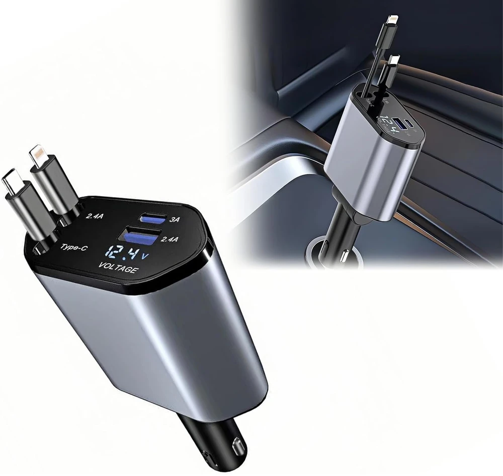 Ładowarka Įkroviklis USB C IOS automobilio įkroviklis su ištraukiama jungtimi, 100 W greitas įkrovimas, 80 cm
