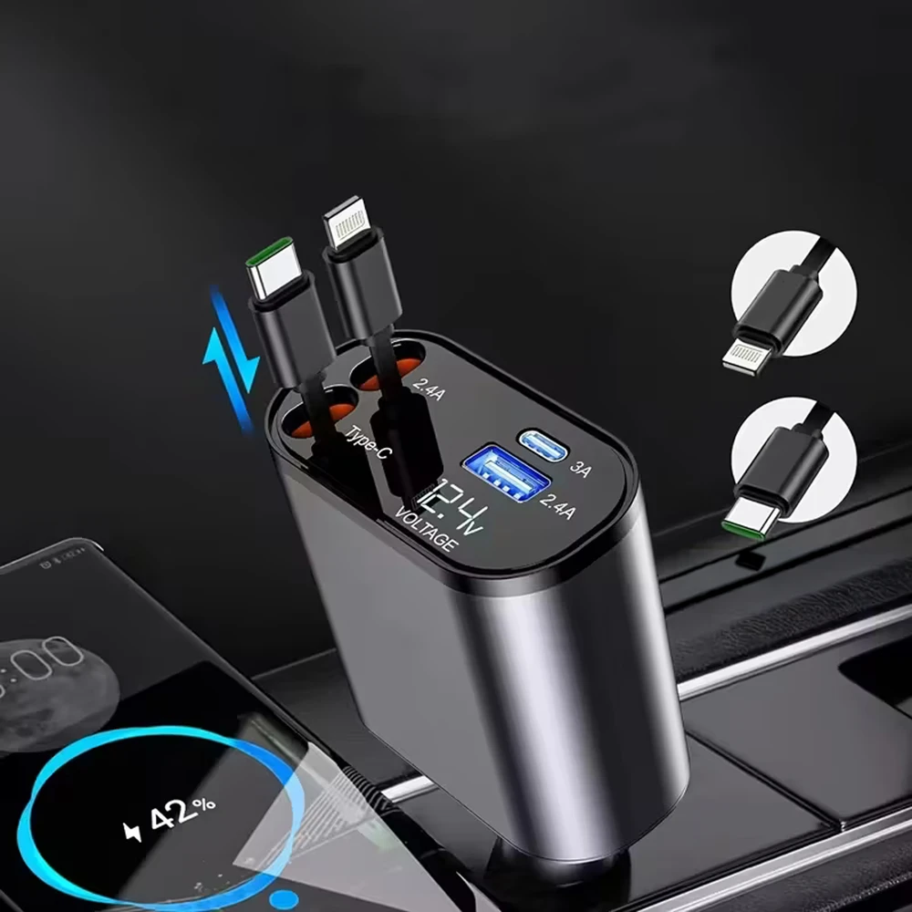 Ładowarka Įkroviklis USB C IOS automobilio įkroviklis su ištraukiama jungtimi, 100 W greitas įkrovimas, 80 cm