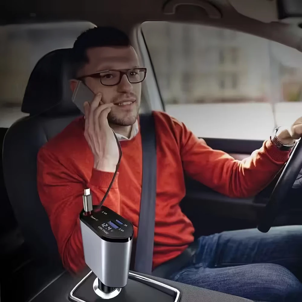 Ładowarka Įkroviklis USB C IOS automobilio įkroviklis su ištraukiama jungtimi, 100 W greitas įkrovimas, 80 cm