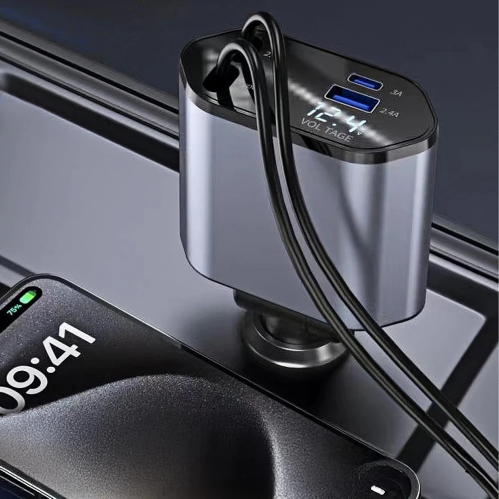 Ładowarka Įkroviklis USB C IOS automobilio įkroviklis su ištraukiama jungtimi, 100 W greitas įkrovimas, 80 cm