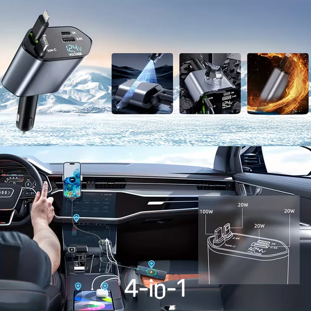 Ładowarka Įkroviklis USB C IOS automobilio įkroviklis su ištraukiama jungtimi, 100 W greitas įkrovimas, 80 cm