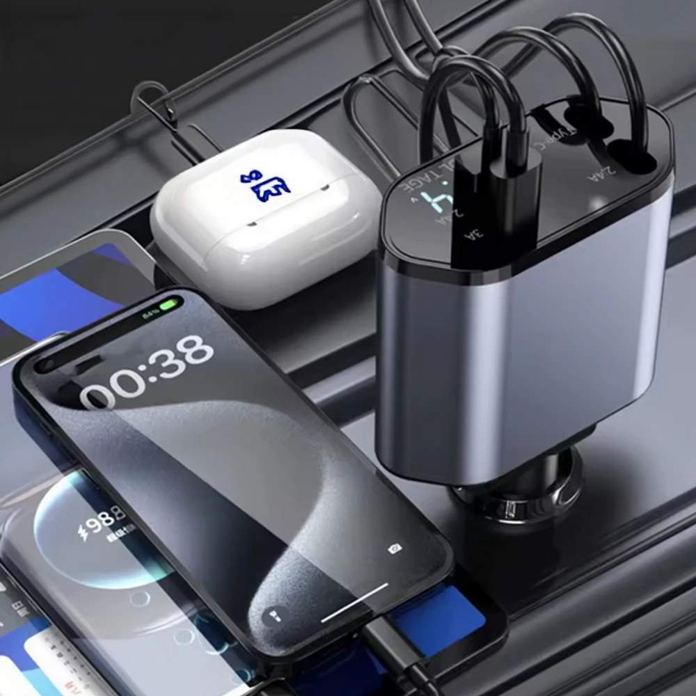 Ładowarka Įkroviklis USB C IOS automobilio įkroviklis su ištraukiama jungtimi, 100 W greitas įkrovimas, 80 cm