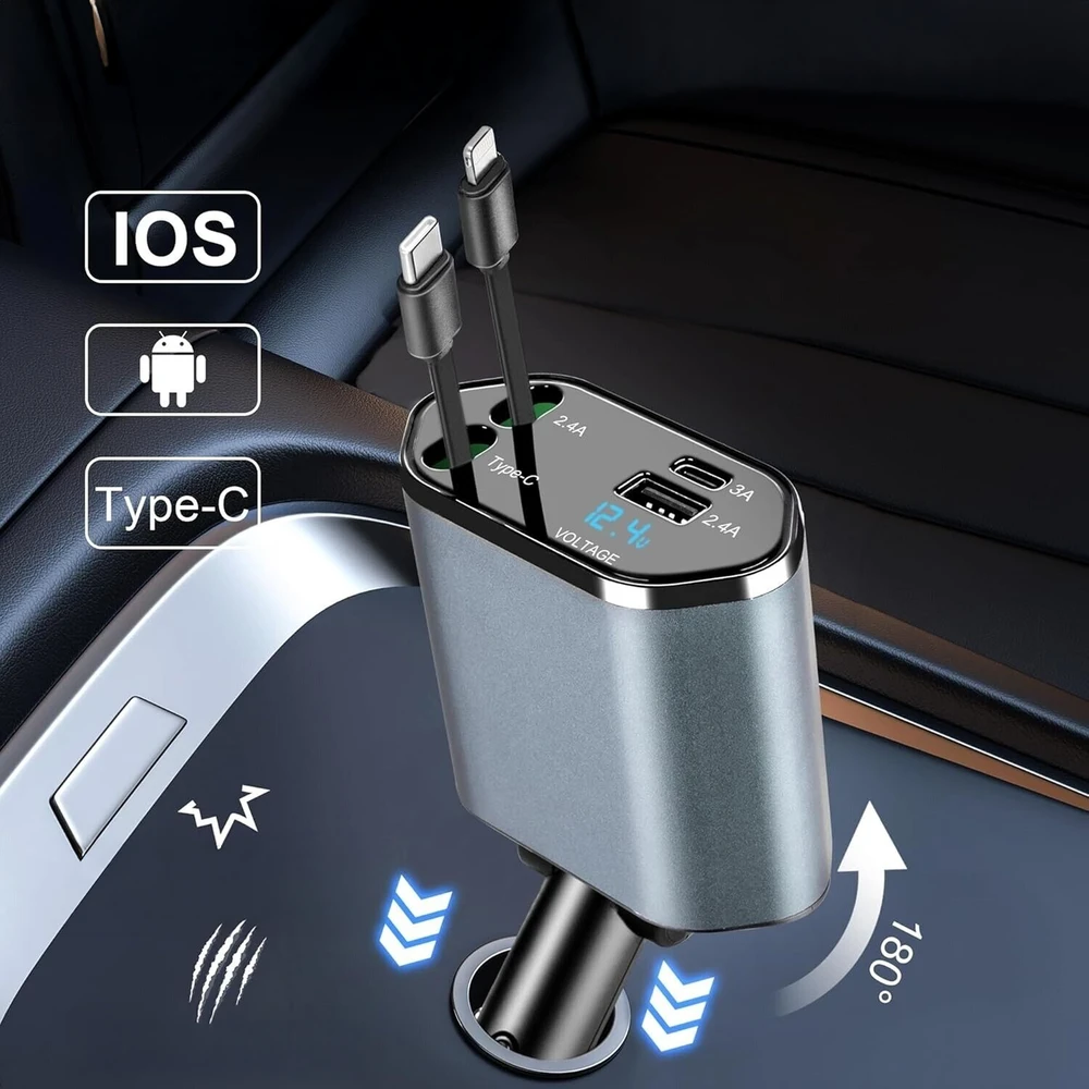 Ładowarka Įkroviklis USB C IOS automobilio įkroviklis su ištraukiama jungtimi, 100 W greitas įkrovimas, 80 cm