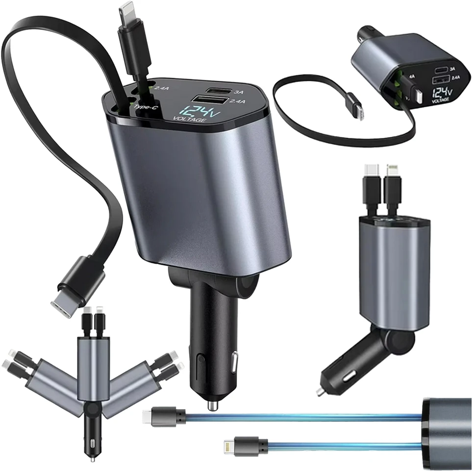 Ładowarka Įkroviklis USB C IOS automobilio įkroviklis su ištraukiama jungtimi, 100 W greitas įkrovimas, 80 cm