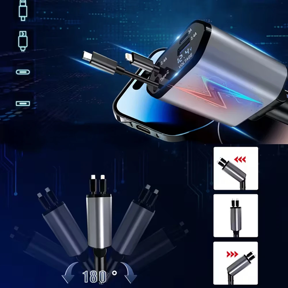 Ładowarka Įkroviklis USB C IOS automobilio įkroviklis su ištraukiama jungtimi, 100 W greitas įkrovimas, 80 cm