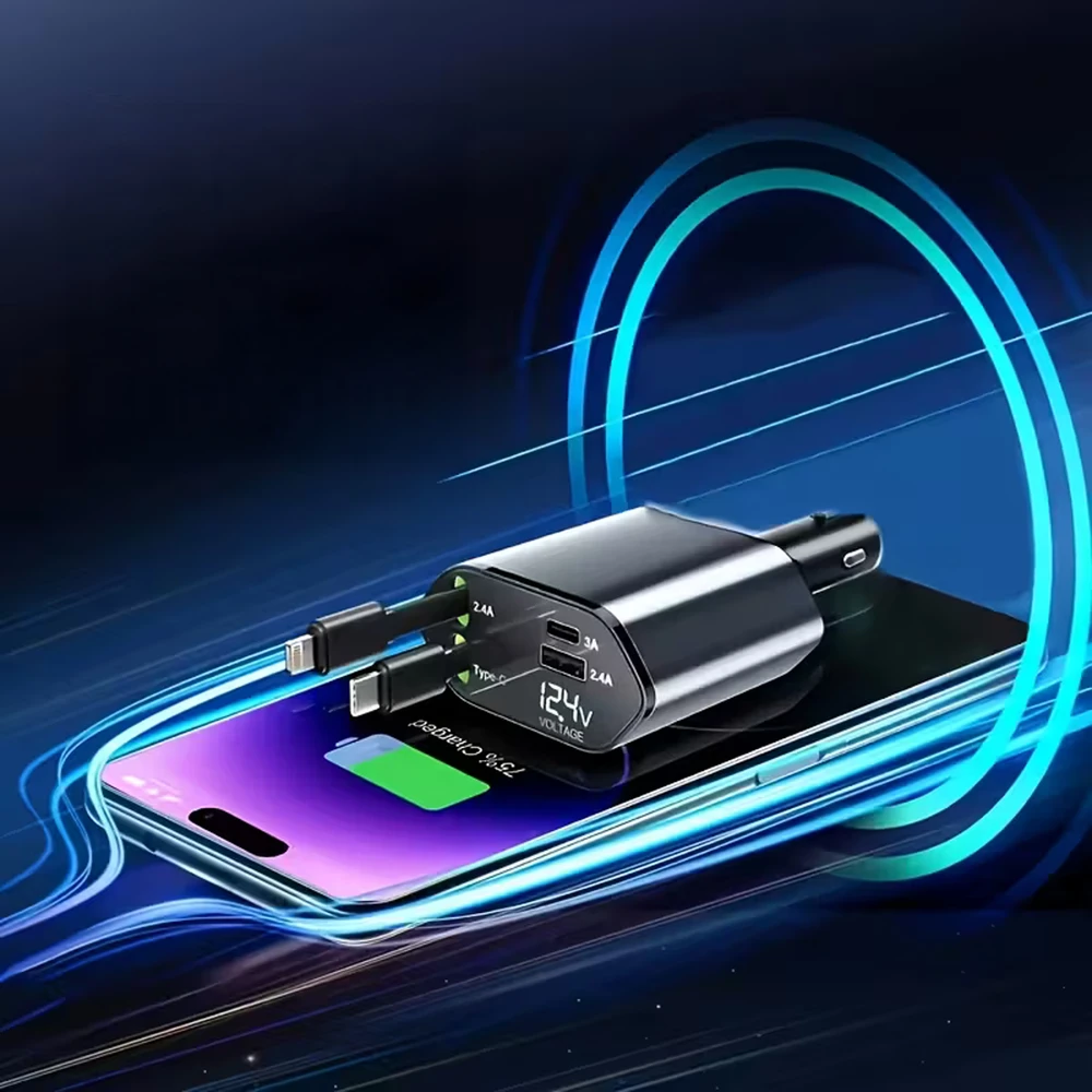 Ładowarka Įkroviklis USB C IOS automobilio įkroviklis su ištraukiama jungtimi, 100 W greitas įkrovimas, 80 cm
