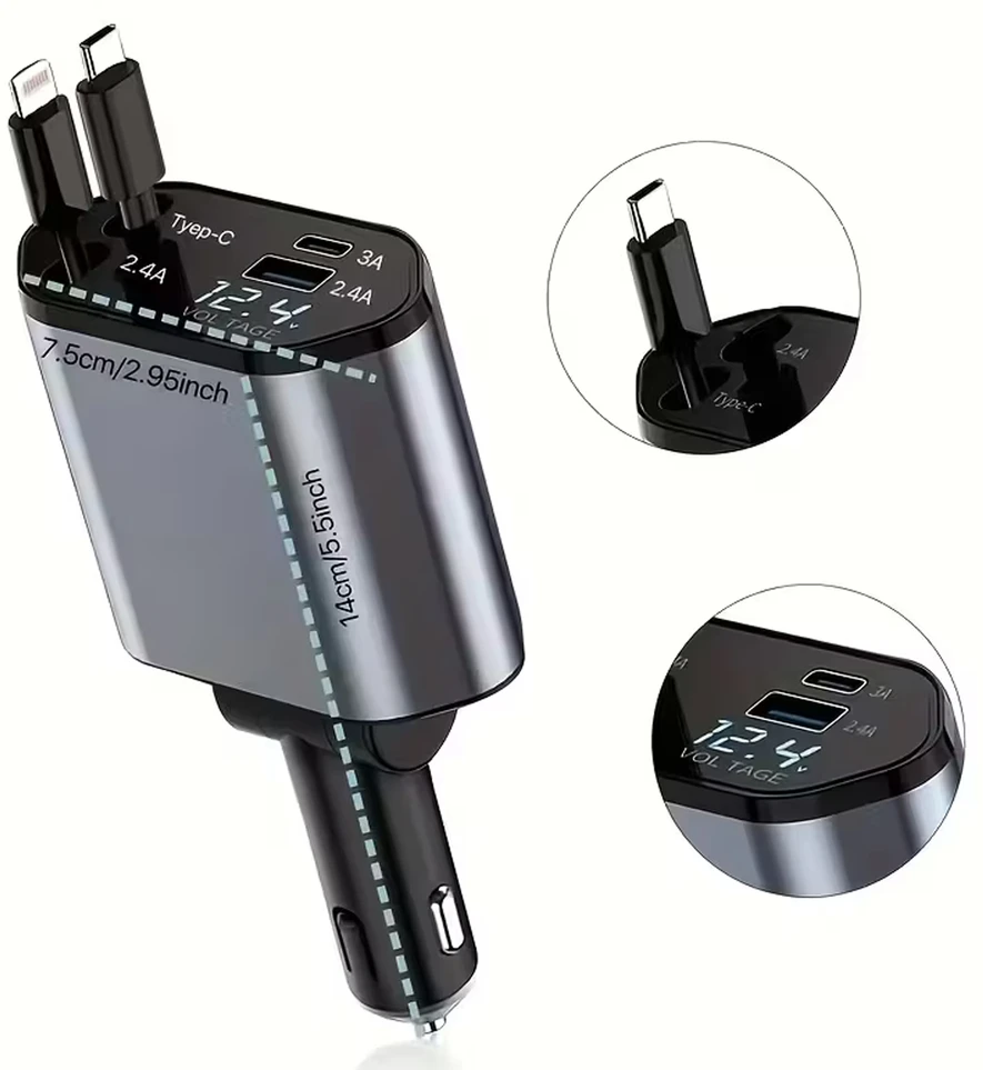 Ładowarka Įkroviklis USB C IOS automobilio įkroviklis su ištraukiama jungtimi, 100 W greitas įkrovimas, 80 cm