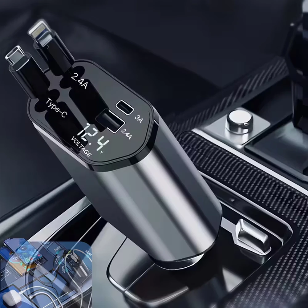 Ładowarka Įkroviklis USB C IOS automobilio įkroviklis su ištraukiama jungtimi, 100 W greitas įkrovimas, 80 cm