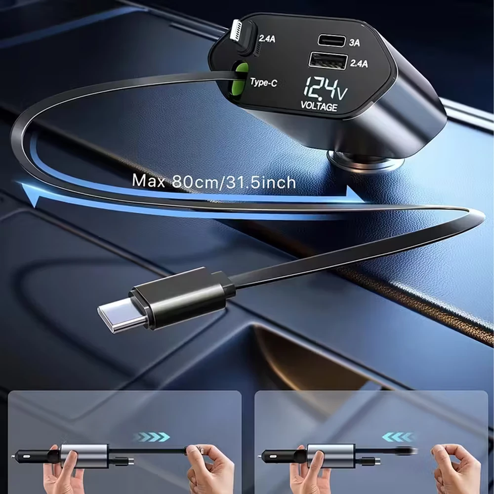 Ładowarka Įkroviklis USB C IOS automobilio įkroviklis su ištraukiama jungtimi, 100 W greitas įkrovimas, 80 cm