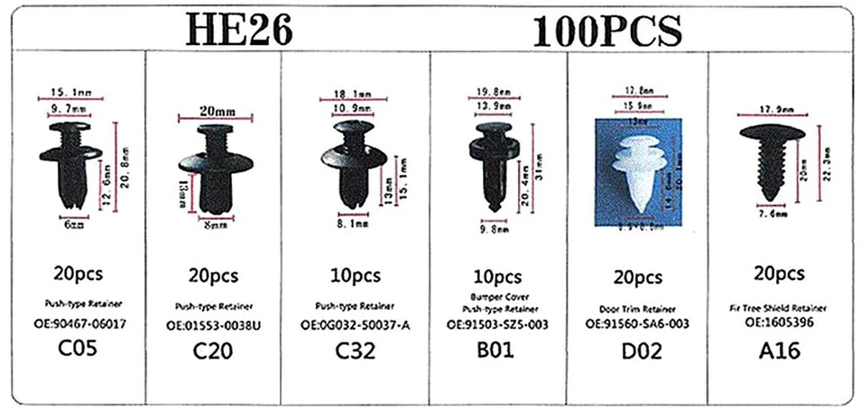Automobilių tvirtinimo klipsų rinkinys AG717, 100 vnt.