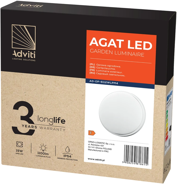 Sieninis šviestuvas Orno AGAT LED 15W, sodo šviestuvas, 1100lm, IP54, 4000K, baltas