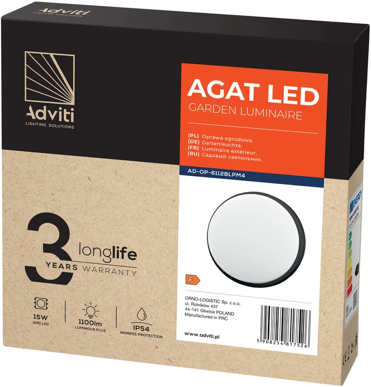 Sieninis šviestuvas Orno AGAT LED 15W, sodo šviestuvas, 1100lm, IP54, 4000K, juodas
